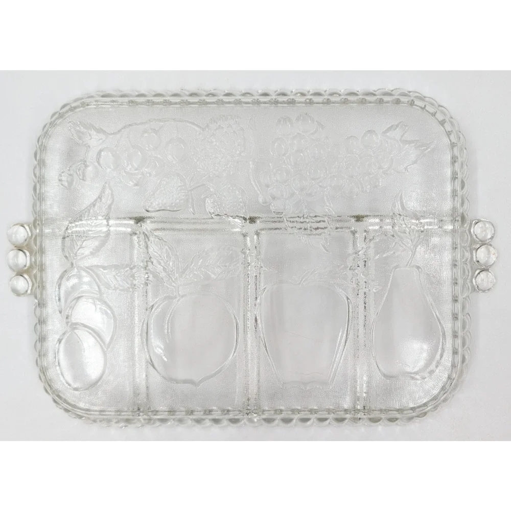 Indiana Glass Clear Divided Serving Relish Tray Fruit Pattern Handles 9